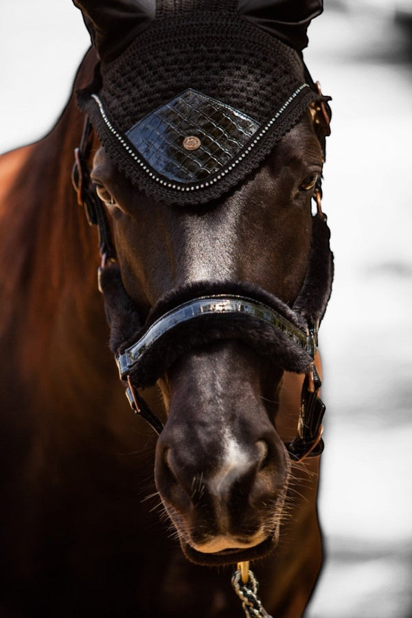 Royal Equestrian Premium Ear Bonnet Croco Black Full - Royal Equestrian