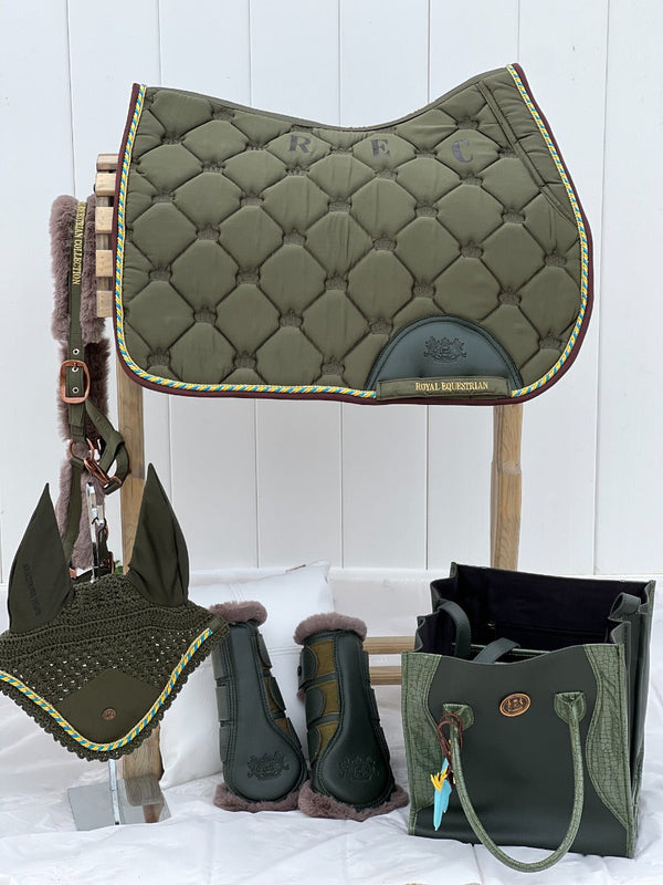 Royal Equestrian Jump Saddle Pad Olive Gold Limited Full - Royal Equestrian