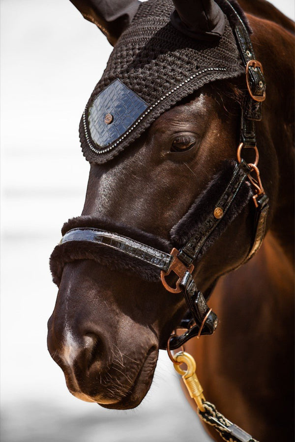 Royal Equestrian Premium Ear Bonnet Croco Black Crystal Full - Royal Equestrian